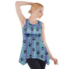 Footprints Cat Black On Batik Pattern Teal Violet Side Drop Tank Tunic by EDDArt
