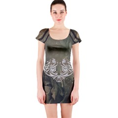 Wonderful Decorative Dragon On Vintage Background Short Sleeve Bodycon Dress by FantasyWorld7
