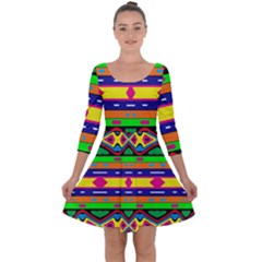 Distorted Colorful Shapes And Stripes                                        Quarter Sleeve Skater Dress by LalyLauraFLM