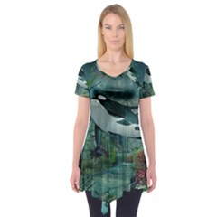 Wonderful Orca In Deep Underwater World Short Sleeve Tunic  by FantasyWorld7