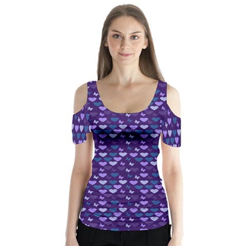 Hearts Butterflies Blue Butterfly Sleeve Cutout Tee  by snowwhitegirl