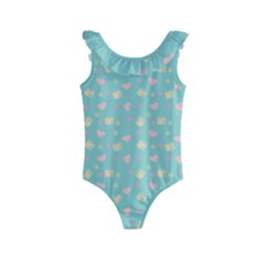 Teal Milk Hearts Kids  Frill Swimsuit by snowwhitegirl