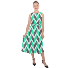 Zigzag Chevron Pattern Green Grey Midi Tie-back Chiffon Dress by snowwhitegirl