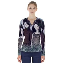 Dolls In The Grass V-neck Long Sleeve Top by snowwhitegirl
