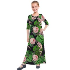 Flamingo Floral Black Kids  Quarter Sleeve Maxi Dress by snowwhitegirl