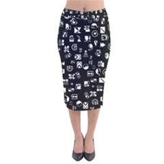 White On Black Abstract Symbols Velvet Midi Pencil Skirt by FunnyCow