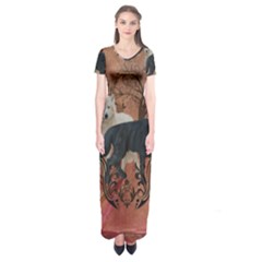 Awesome Black And White Wolf Short Sleeve Maxi Dress by FantasyWorld7