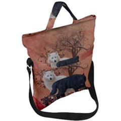 Awesome Black And White Wolf Fold Over Handle Tote Bag by FantasyWorld7