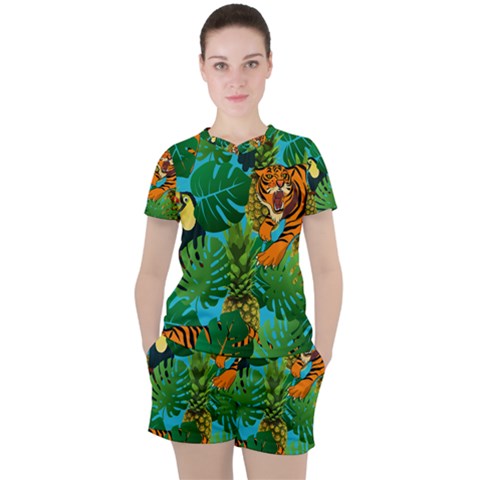 Tropical Pelican Tiger Jungle Blue Women s Tee And Shorts Set by snowwhitegirl