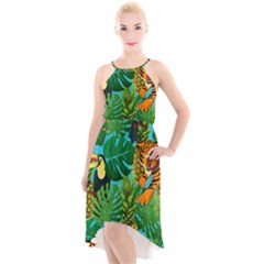 Tropical Pelican Tiger Jungle Blue High-low Halter Chiffon Dress  by snowwhitegirl