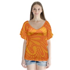 Pop Orange V-neck Flutter Sleeve Top by ArtByAmyMinori