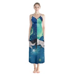 Awesome Black And White Wolf In The Universe Button Up Chiffon Maxi Dress by FantasyWorld7