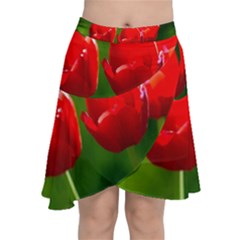 Three Red Tulips, Green Background Chiffon Wrap Front Skirt by FunnyCow