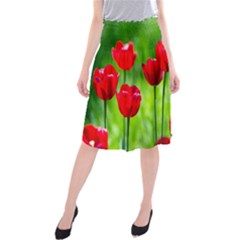 Red Tulip Flowers, Sunny Day Midi Beach Skirt by FunnyCow
