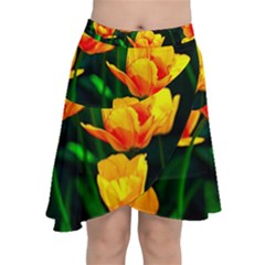 Yellow Orange Tulip Flowers Chiffon Wrap Front Skirt by FunnyCow