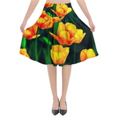 Yellow Orange Tulip Flowers Flared Midi Skirt by FunnyCow