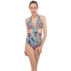 Watercolor Postcard2 Halter Front Plunge Swimsuit by chellerayartisans