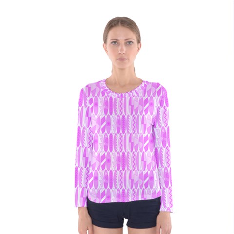 Bright Pink Colored Waikiki Surfboards  Women s Long Sleeve Tee by PodArtist