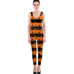 Dark Pumpkin Orange And Black Halloween Nightmare Stripes  One Piece Catsuit by PodArtist