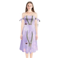 Cute Little Pegasus With Butterflies Shoulder Tie Bardot Midi Dress by FantasyWorld7