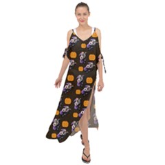 Halloween Skeleton Pumpkin Pattern Brown Maxi Chiffon Cover Up Dress by snowwhitegirl