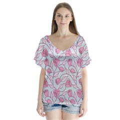 Pink Roses Pattern V-neck Flutter Sleeve Top by JadehawksAnD