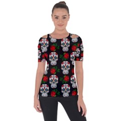 Skull Pattern Black Shoulder Cut Out Short Sleeve Top by snowwhitegirl