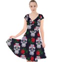 Skull Pattern Black Cap Sleeve Front Wrap Midi Dress View1