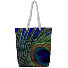 Peacock Feather Macro Peacock Bird Full Print Rope Handle Tote (small) by Simbadda
