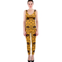 Pattern Pumpkin Spider Vintage Halloween Gothic Orange And Black One Piece Catsuit by genx