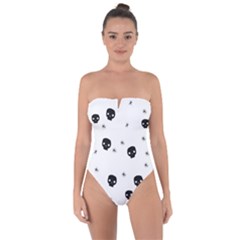 Pattern Skull Stars Handrawn Naive Halloween Gothic Black And White Tie Back One Piece Swimsuit by genx