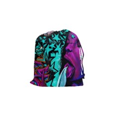 Graffiti Woman And Monsters Turquoise Cyan And Purple Bright Urban Art With Stars Drawstring Pouch (small) by genx