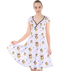 Doge Much Thug Wow Pattern Funny Kekistan Meme Dog White Cap Sleeve Front Wrap Midi Dress by snek