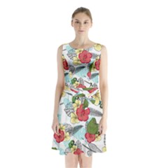 Apu Apustaja And Groyper Pepe The Frog Frens Hawaiian Shirt With Red Hibiscus On White Background From Kekistan Sleeveless Waist Tie Chiffon Dress by snek
