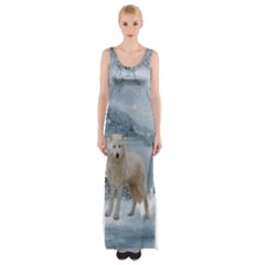 Wonderful Arctic Wolf In The Winter Landscape Maxi Thigh Split Dress by FantasyWorld7