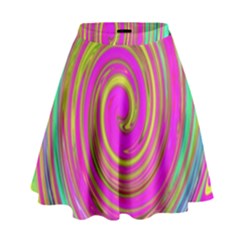 Groovy Abstract Pink, Turquoise And Yellow Swirl High Waist Skirt by myrubiogarden