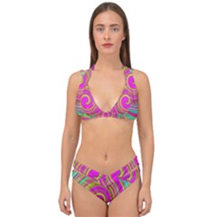 Groovy Abstract Pink, Turquoise And Yellow Swirl Double Strap Halter Bikini Set by myrubiogarden