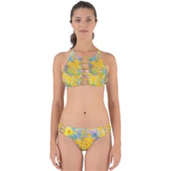 Pretty Yellow And Red Flowers With Turquoise Perfectly Cut Out Bikini Set by myrubiogarden