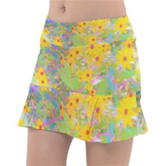 Pretty Yellow And Red Flowers With Turquoise Tennis Skirt by myrubiogarden