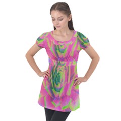 Lime Green And Pink Succulent Sedum Rosette Puff Sleeve Tunic Top by myrubiogarden