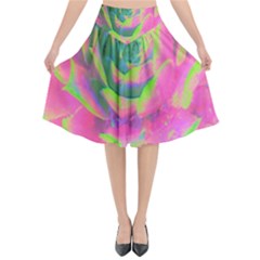 Lime Green And Pink Succulent Sedum Rosette Flared Midi Skirt by myrubiogarden