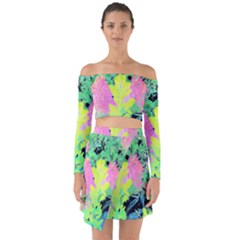 Fluorescent Yellow Smoke Tree With Pink Hydrangea Off Shoulder Top With Skirt Set by myrubiogarden