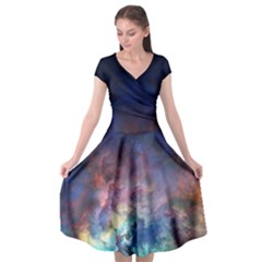 Lagoon Nebula Interstellar Cloud Pastel Pink, Turquoise And Yellow Stars Cap Sleeve Wrap Front Dress by genx