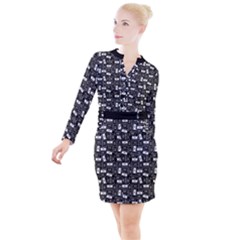 Tape Cassette 80s Retro Genx Pattern Black And White Button Long Sleeve Dress by genx