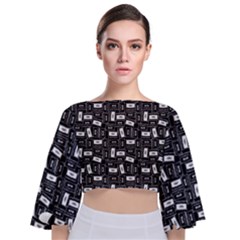 Tape Cassette 80s Retro Genx Pattern Black And White Tie Back Butterfly Sleeve Chiffon Top by genx