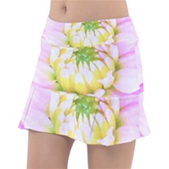 Pretty Pink, White And Yellow Cactus Dahlia Macro Tennis Skirt by myrubiogarden