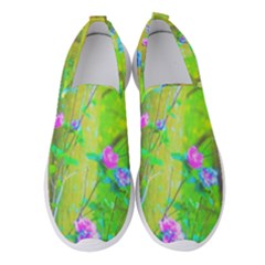 Hot Pink Abstract Rose Of Sharon On Bright Yellow Women s Slip On Sneakers by myrubiogarden