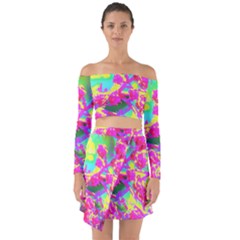 Psychedelic Succulent Sedum Turquoise And Yellow Off Shoulder Top With Skirt Set by myrubiogarden