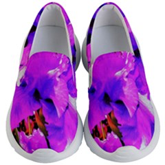Abstract Ultra Violet Purple Iris On Red And Pink Kid s Lightweight Slip Ons by myrubiogarden