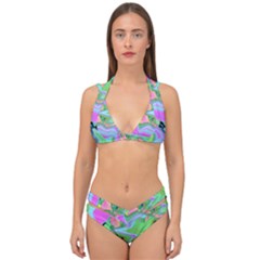 Retro Pink And Light Blue Liquid Art On Hydrangea Garden Double Strap Halter Bikini Set by myrubiogarden